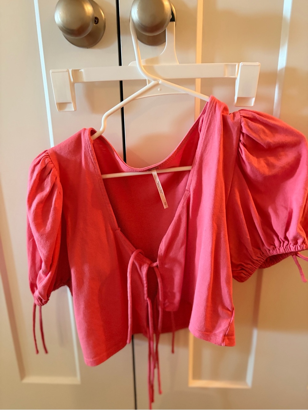 Free People Pink Tie-Front Puff Sleeve Crop Top